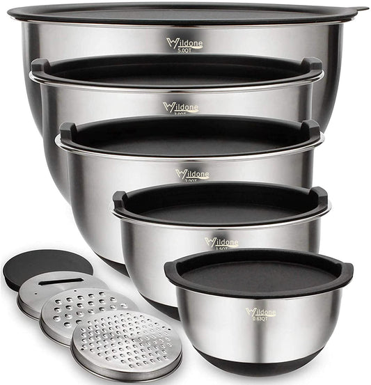 Mixing Bowls with Lids Set, 5PCS Stainless Steel Nesting Bowls with 3 Grater Attachments, Measurement Marks & Non-Slip Bottoms, Size 5, 3, 2, 1.5, 0.63 QT, Great for Mixing & Serving