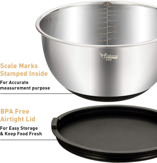 Mixing Bowls with Lids Set, 5PCS Stainless Steel Nesting Bowls with 3 Grater Attachments, Measurement Marks & Non-Slip Bottoms, Size 5, 3, 2, 1.5, 0.63 QT, Great for Mixing & Serving