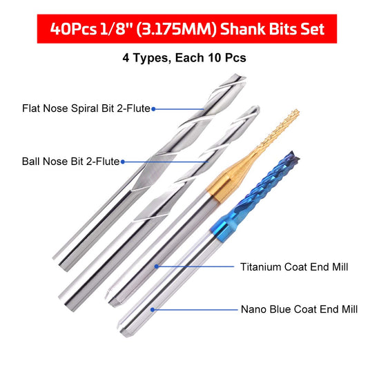 40Pcs End Mills CNC Router Bits Set 1/8" Shank,  CNC Machine Cutting Milling Tool Engraving Cutter Including Flat Nose/Ball Nose End Mill, Nano Blue Coat/Titanium Coat 2 Flute CNC Router Bits